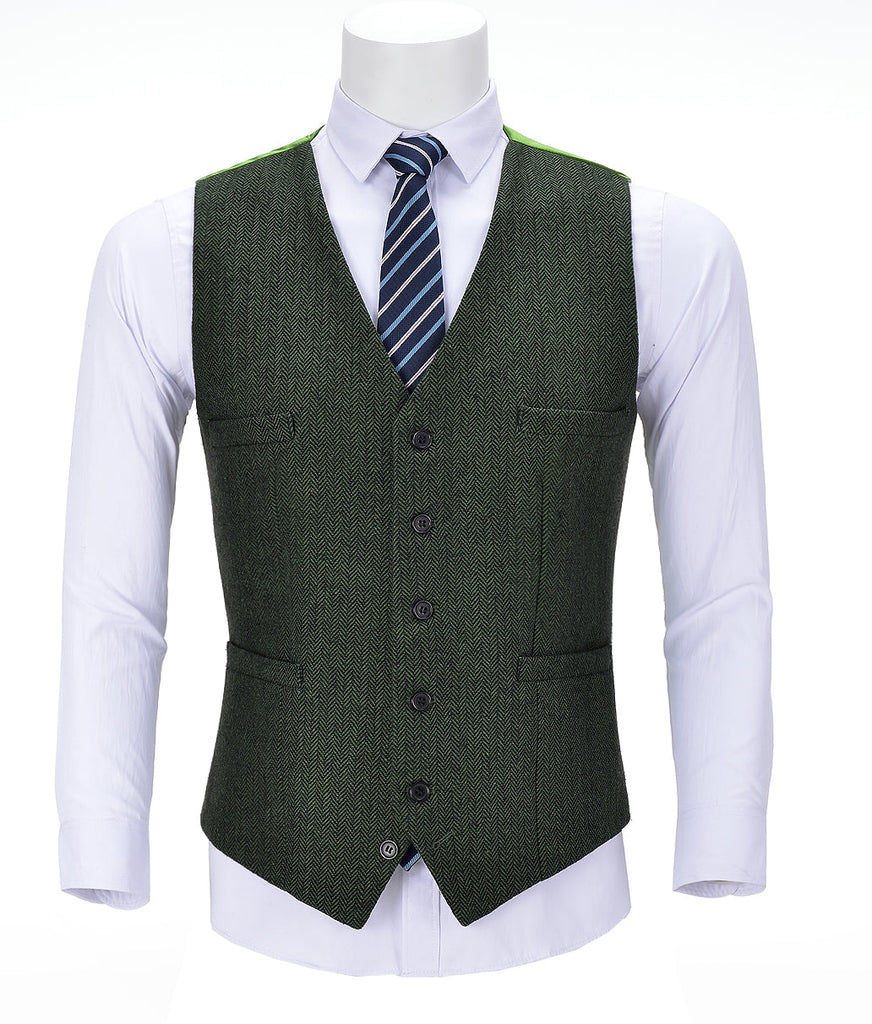 Suit Vest - Vintage Classical Mens Regular Fit Tweed Herringbone V Neck Waistcoat