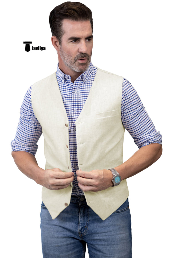 Mens Waistcoat Flat Linen V Neck Waistcoat For Wedding Xs / Ivory Suit Vest