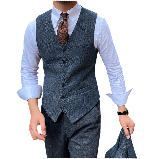Suit Vest - Vintage Classical Mens Regular Fit Tweed Herringbone V Neck Waistcoat