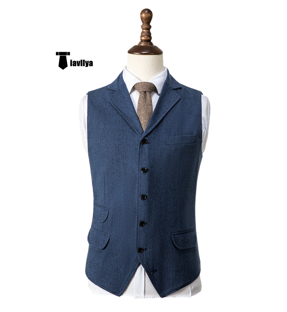 Vintage Classical Men’s Classic Tweed Herringbone Notch Lapel Waistcoat Xs / Light Blue Suit Vest