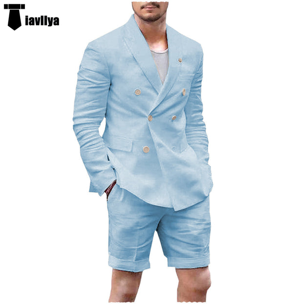 2 Pieces Suit - Leisure 2 Piece Men's Suit Flat Linen Notch Lapel Tuxedos (Blazer+Shorts)