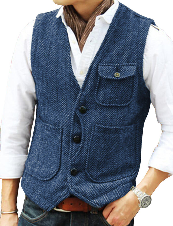 Suit Vest - Casual Men's Slim Fit Herringbone V Neck Waistcoat