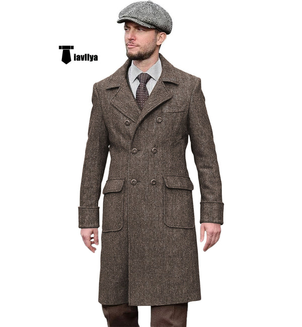 Vintage Trench Coat Men Double Breasted Notch Collar Herringbone Tweed Slim Fit Winter Wedding Xs /