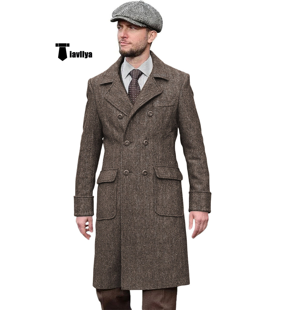 Vintage Trench Coat Men Double Breasted Notch Collar Herringbone Tweed Slim Fit Winter Wedding Xs /