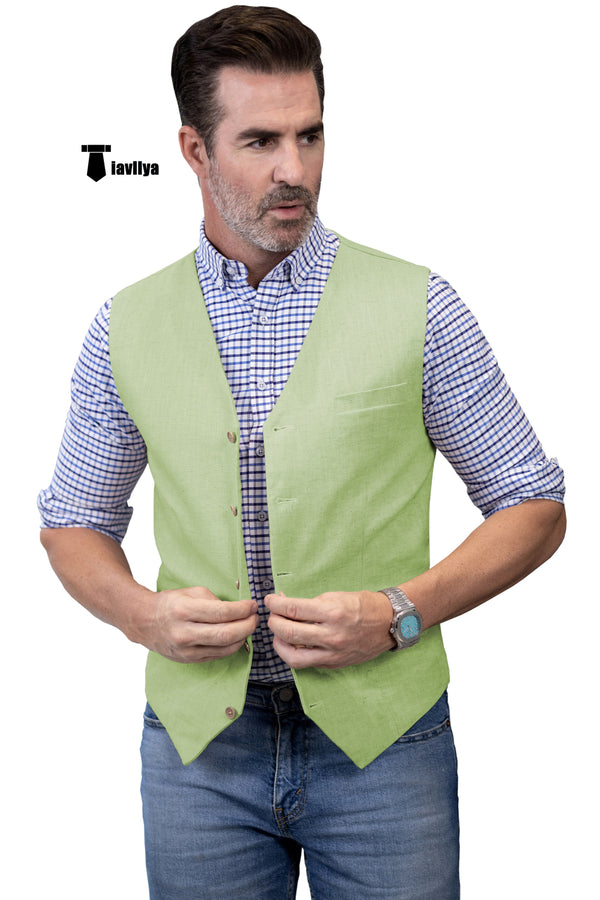 Mens Waistcoat Flat Linen V Neck Waistcoat For Wedding Xs / Light Green Suit Vest