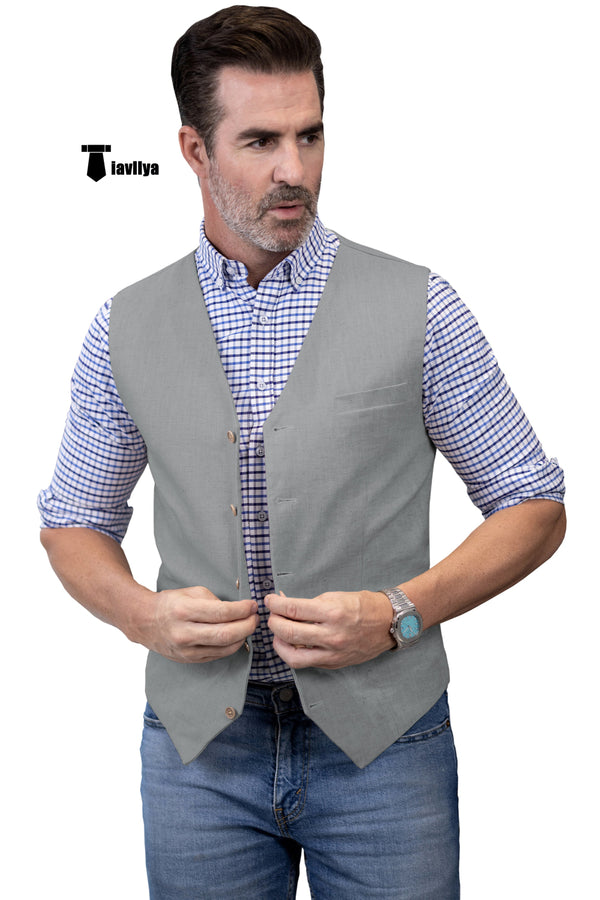Mens Waistcoat Flat Linen V Neck Waistcoat For Wedding Xs / Light Grey Suit Vest