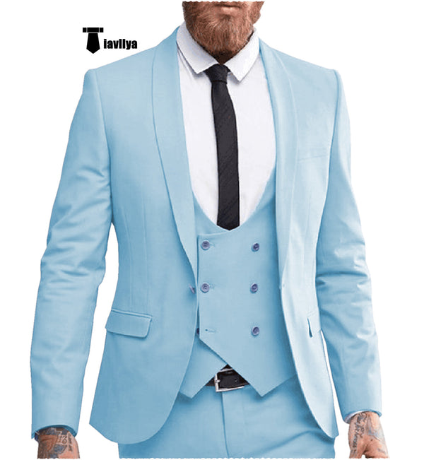 Fashion 3 Pieces Mens Suit Shawl Lapel Tuxedos For Wedding (Blazer + Vest + Pants) Xs / Light Blue