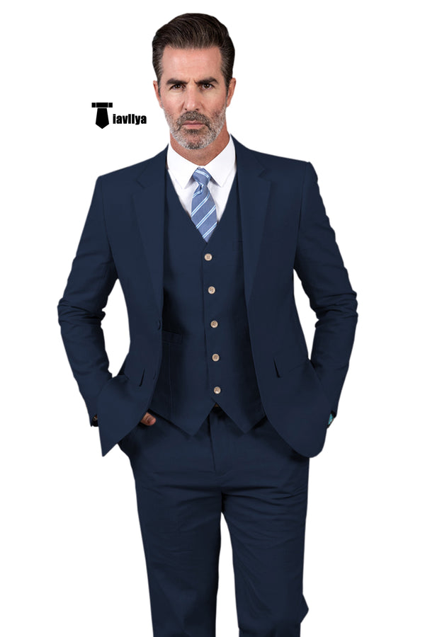 Formal Men’s 3 Pieces Mens Suit Notch Lapel Linen For Wedding (Blazer + Vest + Pants) Xs / Navy