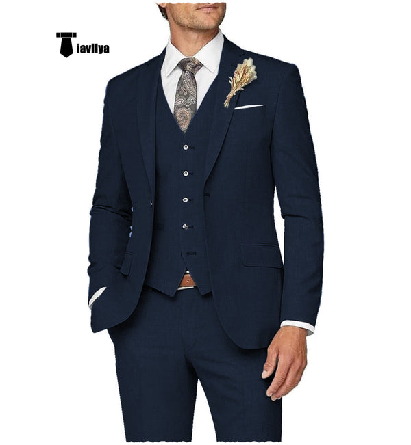 Casual Men’s 3 Pieces Mens Suit Notch Lapel Linen For Wedding (Blazer + Vest + Pants) Xs / Navy