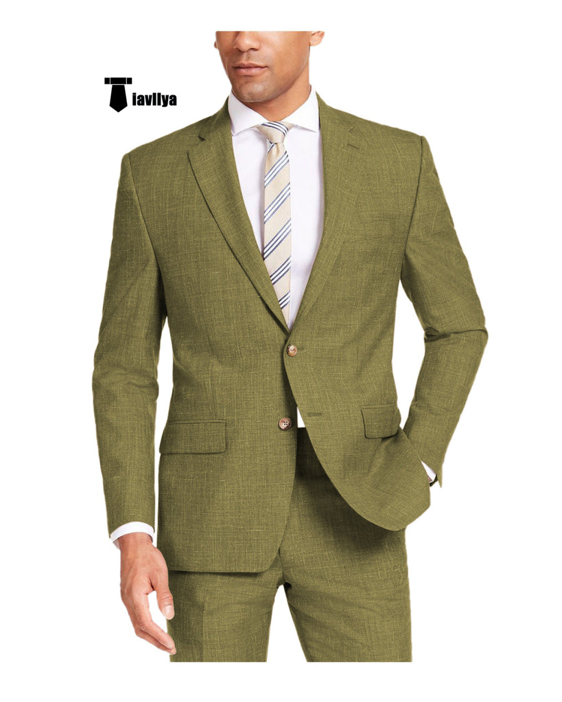 Casual Men’s 2 Pieces Suit Notch Lapel Linen For Wedding (Blazer + Pants) Xs / Olive Green Pieces