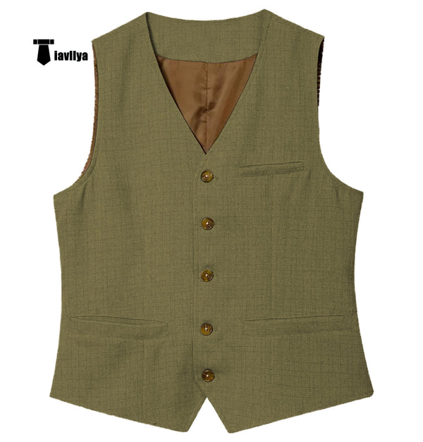 Formal Mens Waistcoat Flat Linen V Neck Waistcoat For Wedding Xs / Olive Green Suit Vest
