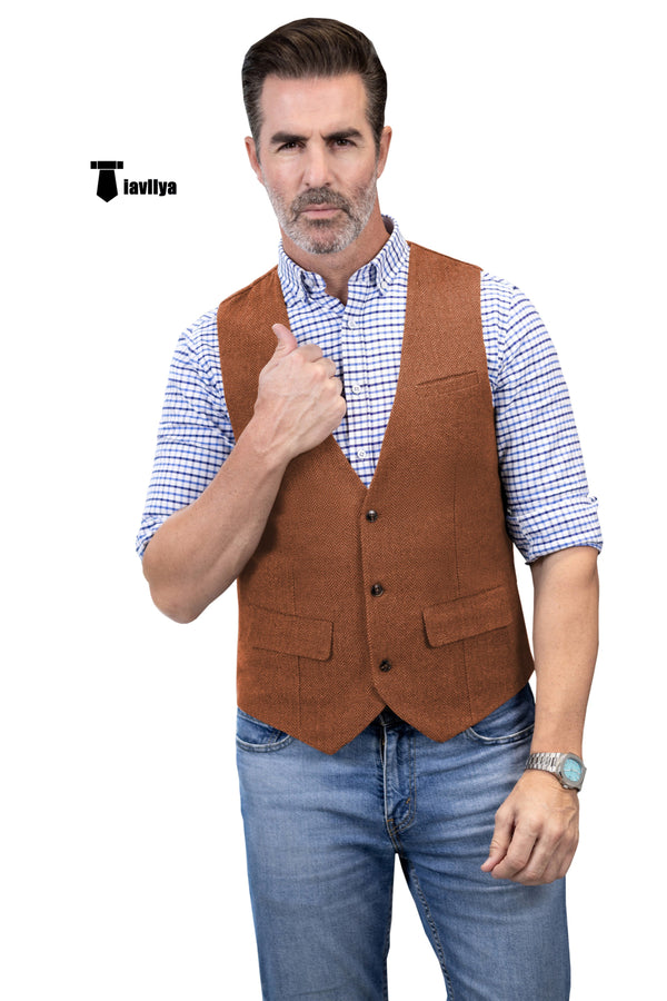 Casual Men’s Herringbone V Neck Waistcoat Xs / Orange Suit Vest