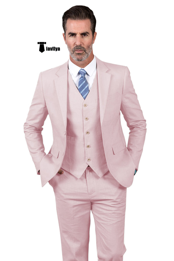 Formal Men’s 3 Pieces Mens Suit Notch Lapel Linen For Wedding (Blazer + Vest + Pants) Xs / Pink