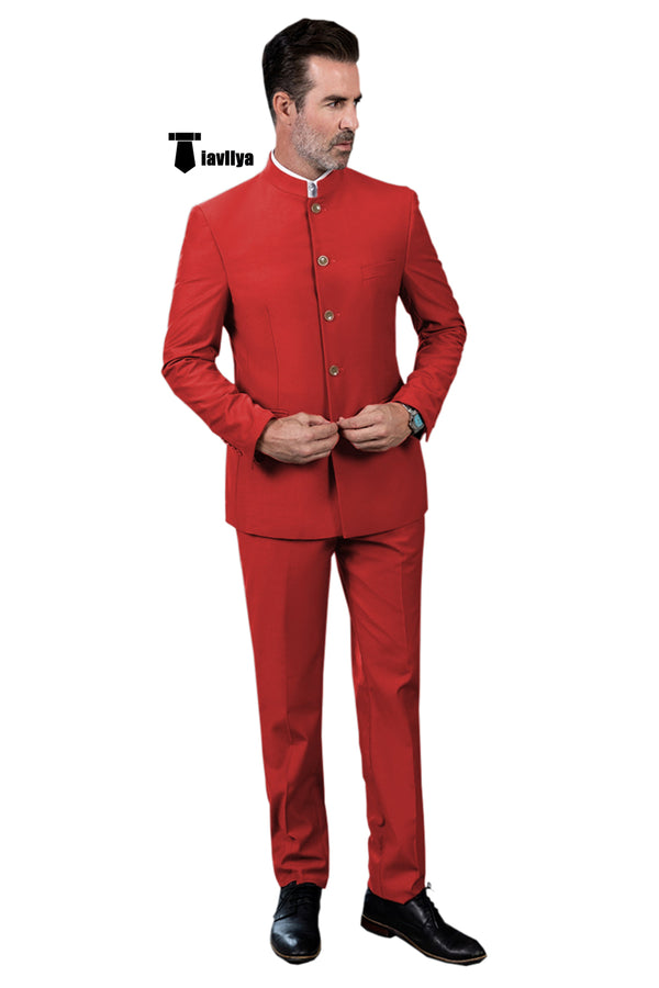 Classic 2 Piece Men’s Slim Fit Solid Color Stand Collar Wedding Suit (Blazer + Pants） Xs / Red