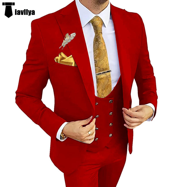 Fashion Men’s Suit 3 Piece Peak Lapel Flat Tuxedo Wedding (Blazer + Vest + Pants) Xs / Red Pieces