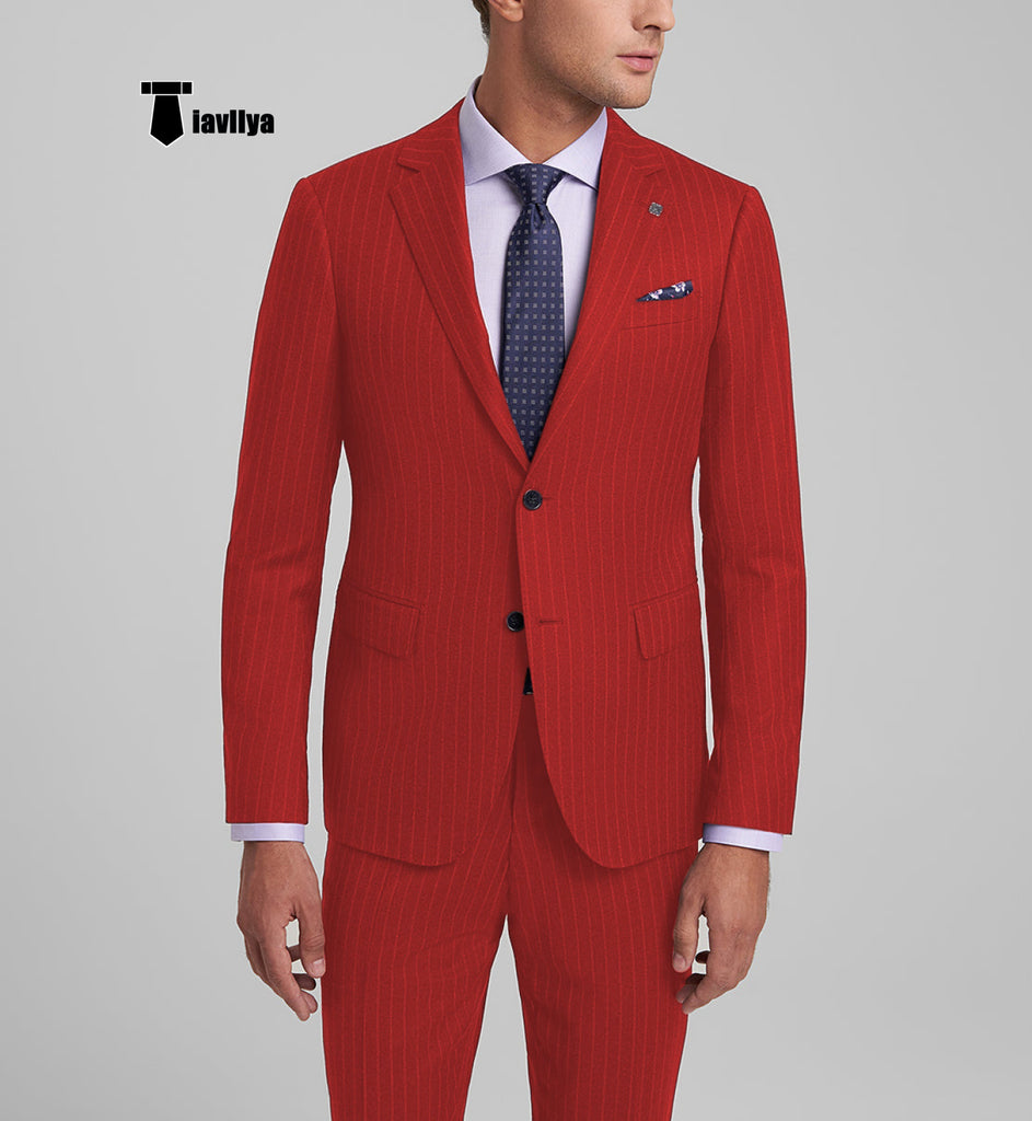 Fashion Men’s 3 Pieces Slim Fit Striped Notch Lapel Tuxedos (Blazer + Pants) Xs / Red 2 Pieces Suit