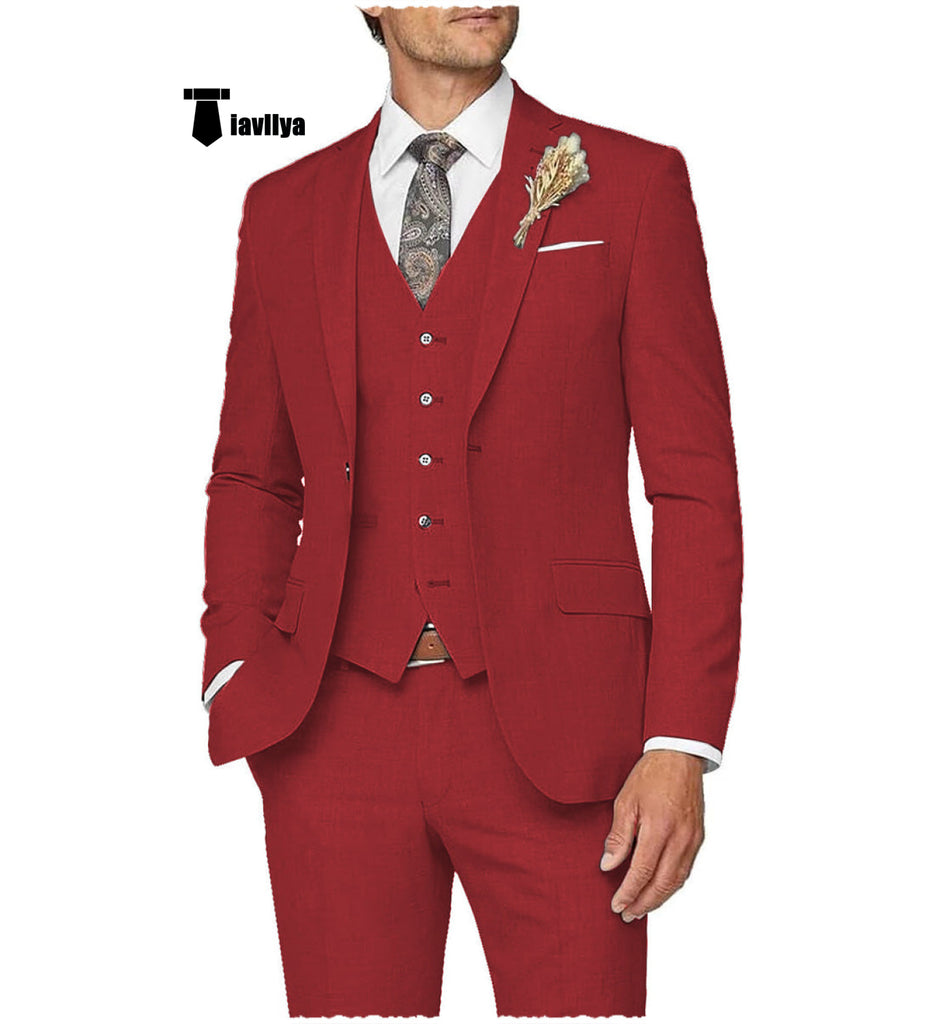 Casual Men’s 3 Pieces Mens Suit Notch Lapel Linen For Wedding (Blazer + Vest + Pants) Xs / Red