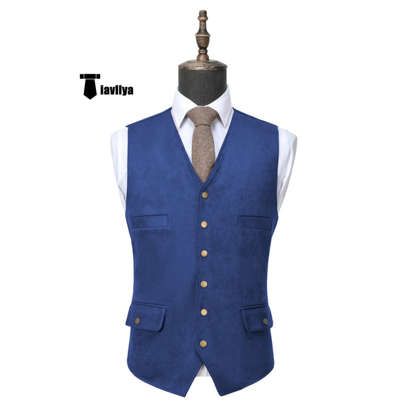 Fashion Men’s Suede V Neck Waistcoat Denim Vest Xs / Royal Blue Suit