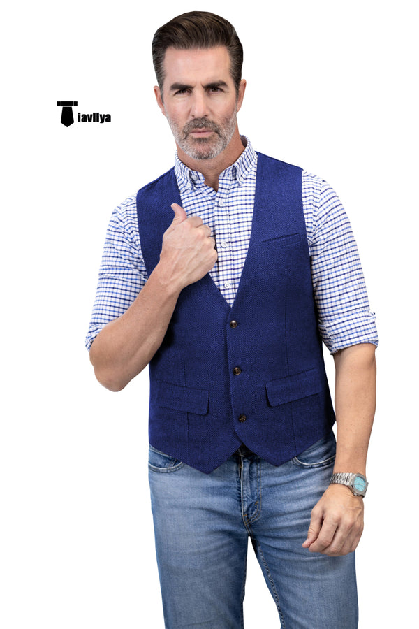 Casual Men’s Herringbone V Neck Waistcoat Xs / Royal Blue Suit Vest