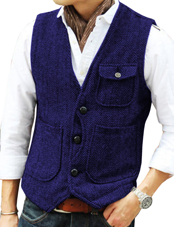 Suit Vest - Casual Men's Slim Fit Herringbone V Neck Waistcoat