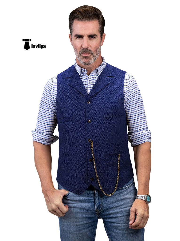 Casual Men’s Tweed Herringbone Notch Lapel Waistcoat Xs / Royal Blue Suit Vest