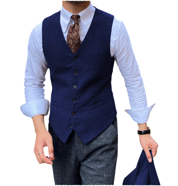 Suit Vest - Vintage Classical Mens Regular Fit Tweed Herringbone V Neck Waistcoat