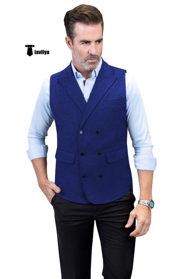 Casual Men’s Classic Tweed Herringbone Peak Lapel Waistcoat Xs / Royal Blue Suit Vest