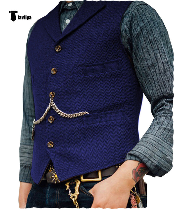 Vintage Classical Men’s Slim Fit Tweed Herringbone Waistcoat Xs / Royal Blue Suit Vest