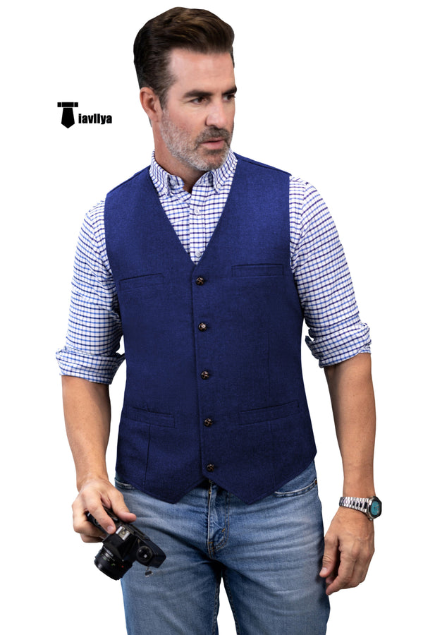 Formal Men’s Tweed Herringbone V Neck Waistcoat Xs / Royal Blue Suit Vest
