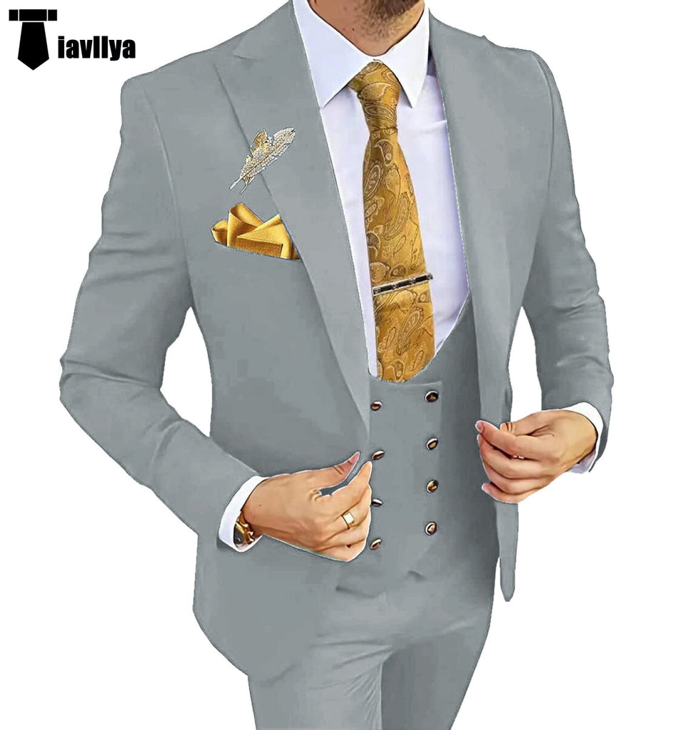 Fashion Men’s Suit 3 Piece Peak Lapel Flat Tuxedo Wedding (Blazer + Vest + Pants) Xs / Silver
