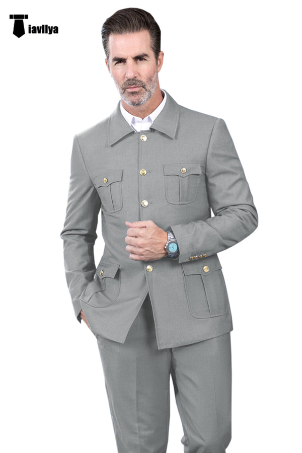 Fashion Men’s 2 Pieces Mens Suit Stand Lapel Flat Tuxedos (Blazer + Pants) Xs / Silver Suit