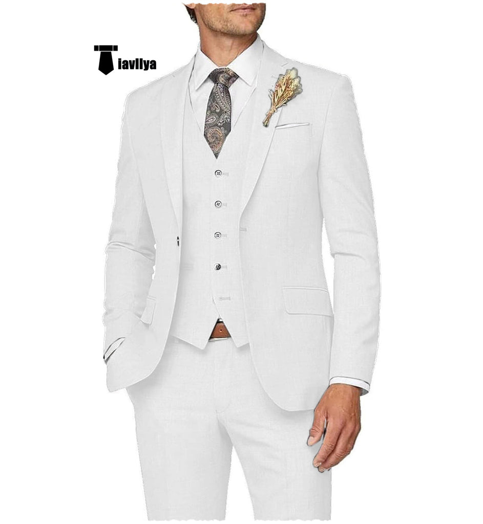 Casual Men’s 3 Pieces Mens Suit Notch Lapel Linen For Wedding (Blazer + Vest + Pants) Xs / White