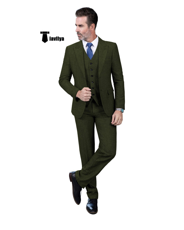 Cassual Men’s 3 Pieces Suit Tweed Peak Lapel Tuxedos (Blazer + Vest + Pants) Xs / Army Green