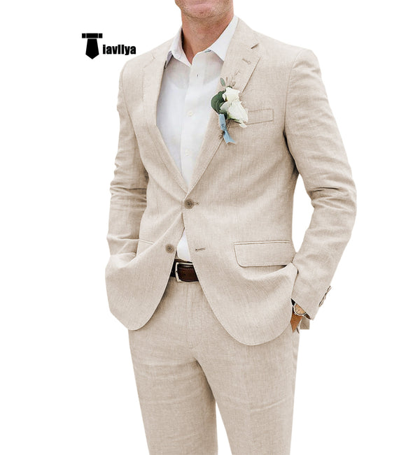 Casual Men’s 2 Pieces Suit Notch Lapel Linen For Wedding (Blazer + Pants) Xs / Beige Pieces Suit