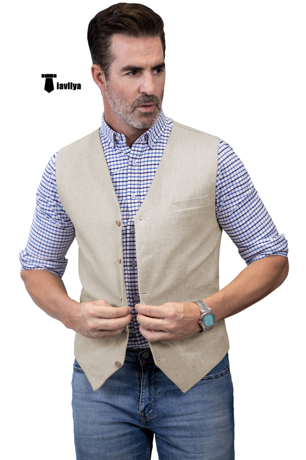 Mens Waistcoat Flat Linen V Neck Waistcoat For Wedding Xs / Beige Suit Vest