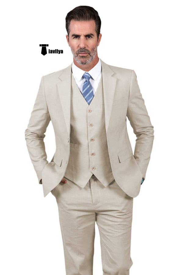 Formal Men’s 3 Pieces Mens Suit Notch Lapel Linen For Wedding (Blazer + Vest + Pants) Xs / Beige