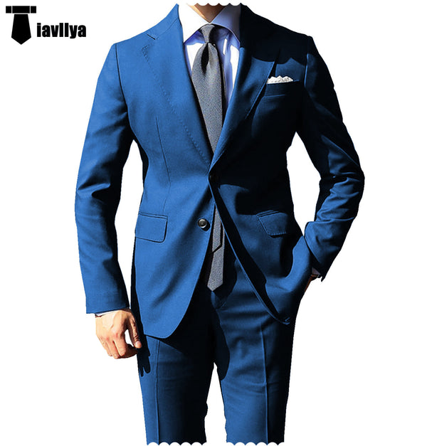 Fashion 2 Pieces Mens Suit Flat Notch Lapel Tuxedos For Wedding (Blazer + Pants) Xs / Blue Pieces