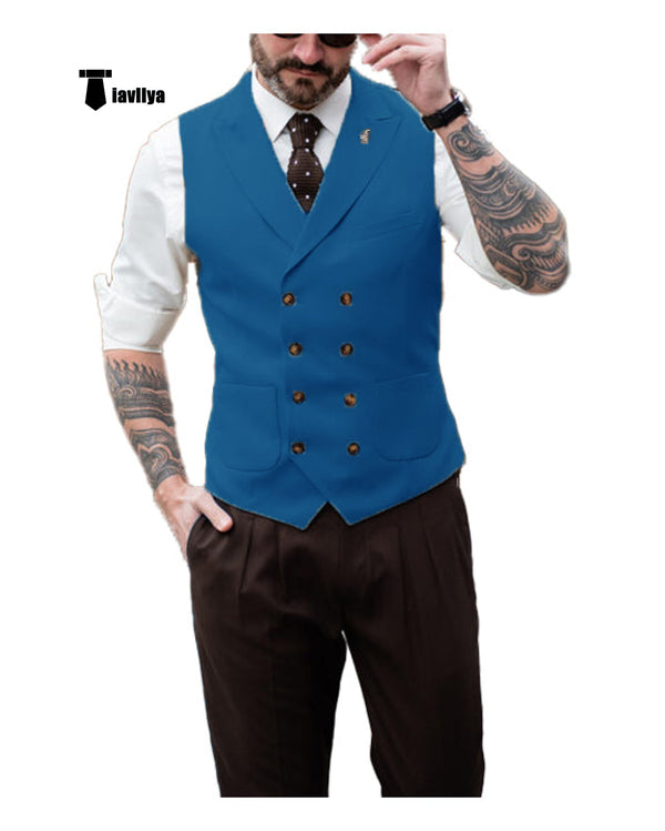 Fashion Men’s Suit Vest Regular Fit Peak Lapel Waistcoat Wedding Xs / Blue