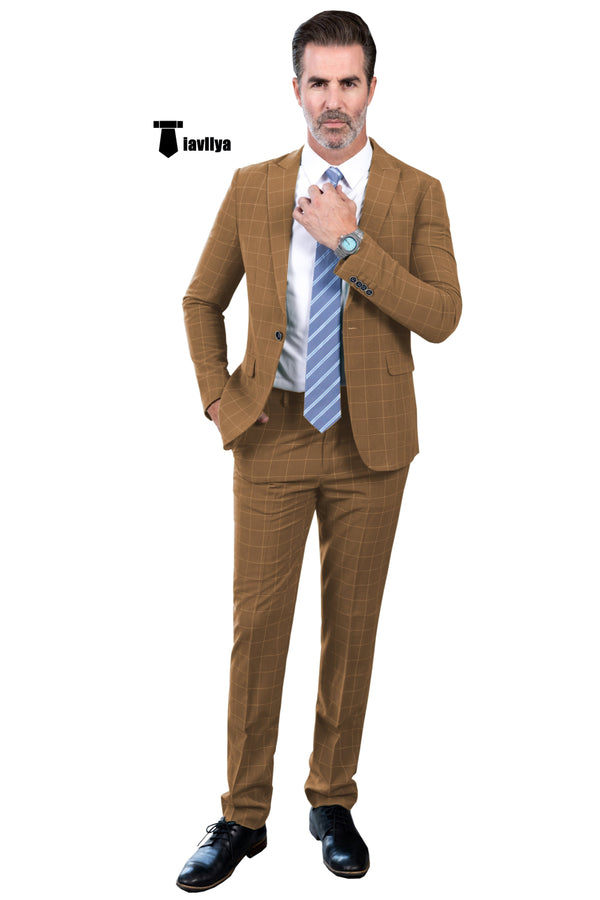 Fashion Mens Suit 2 Pieces Plaid Peak Lapel Tuxedos (Blazer + Pants) Xs / Brown Pieces Suit