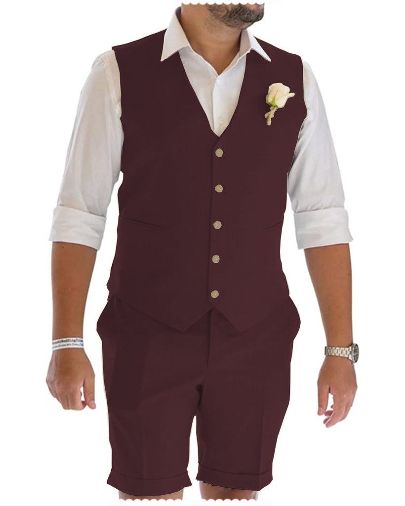 2 Pieces Suit - Leisure 2 Piece Men's Suit Flat Linen Notch Lapel Tuxedos (Vest+Shorts)