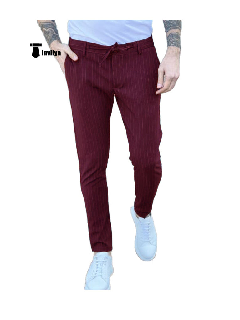 Fashion Men’s Suit Pants Stripe Regular Fit Trousers 29W X 28L / Burgundy