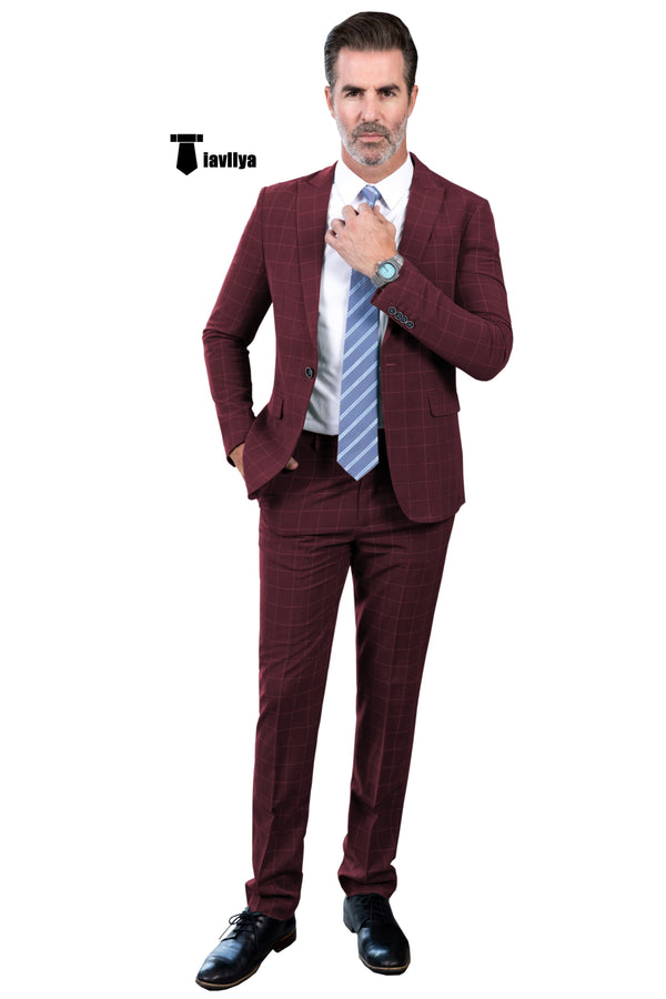 Fashion Mens Suit 2 Pieces Plaid Peak Lapel Tuxedos (Blazer + Pants) Xs / Burgundy Pieces Suit