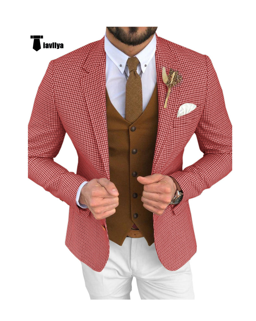 Fashion Men’s 3 Pieces Houndstooth Notch Lapel Tuxedos (Blazer + Vest + Pants) Xs / Red Pieces Suit