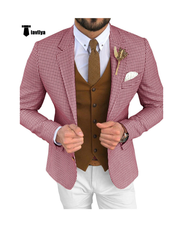 Fashion Men’s 3 Pieces Houndstooth Notch Lapel Tuxedos (Blazer + Vest + Pants) Xs / Fuchsia