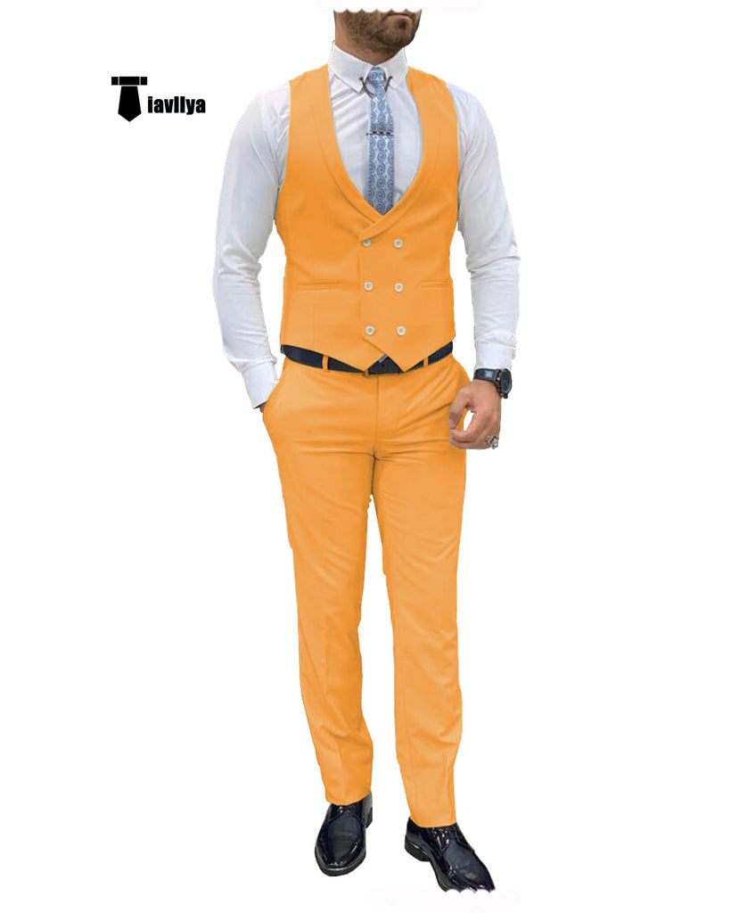 Double Breasted Formal 2 Pieces Mens Suit For Wedding(Vest + Pants) Xs / Gold Suit