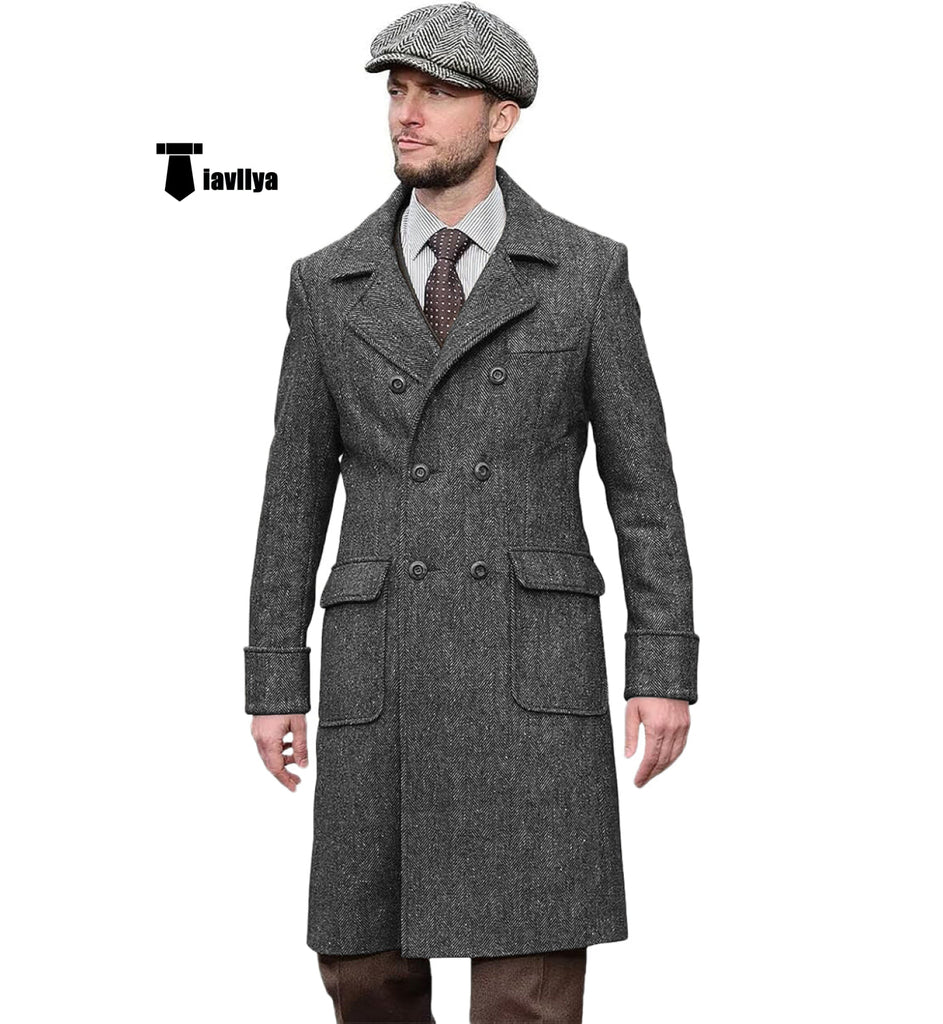 Vintage Trench Coat Men Double Breasted Notch Collar Herringbone Tweed Slim Fit Winter Wedding Xs /