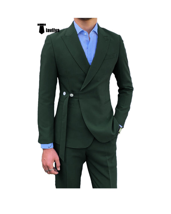 Casual 2 Piece Men’s Suit Slim Fit Peak Lapel Tuxedo For Wedding (Blazer + Pants) Xs / Hunt Green