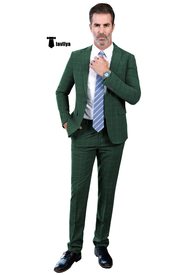 Fashion Mens Suit 2 Pieces Plaid Peak Lapel Tuxedos (Blazer + Pants) Xs / Hunt Green Pieces Suit