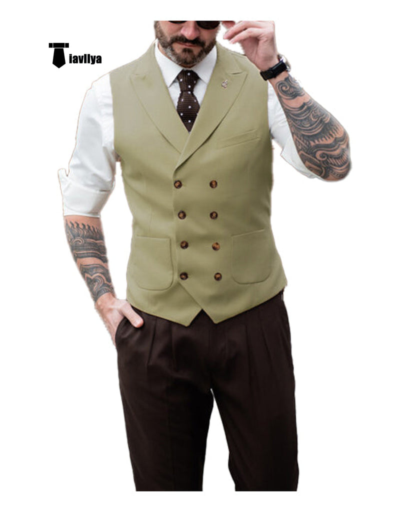 Fashion Men’s Suit Vest Regular Fit Peak Lapel Waistcoat Wedding Xs / Khaki