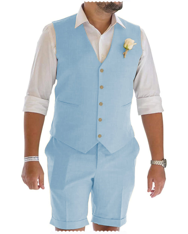 2 Pieces Suit - Leisure 2 Piece Men's Suit Flat Linen Notch Lapel Tuxedos (Vest+Shorts)